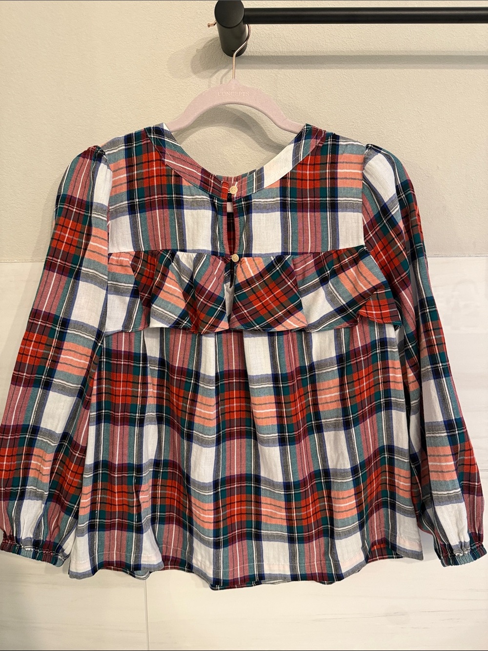 J. Crew Plaid Ruffle-Back Long Sleeve Top - small